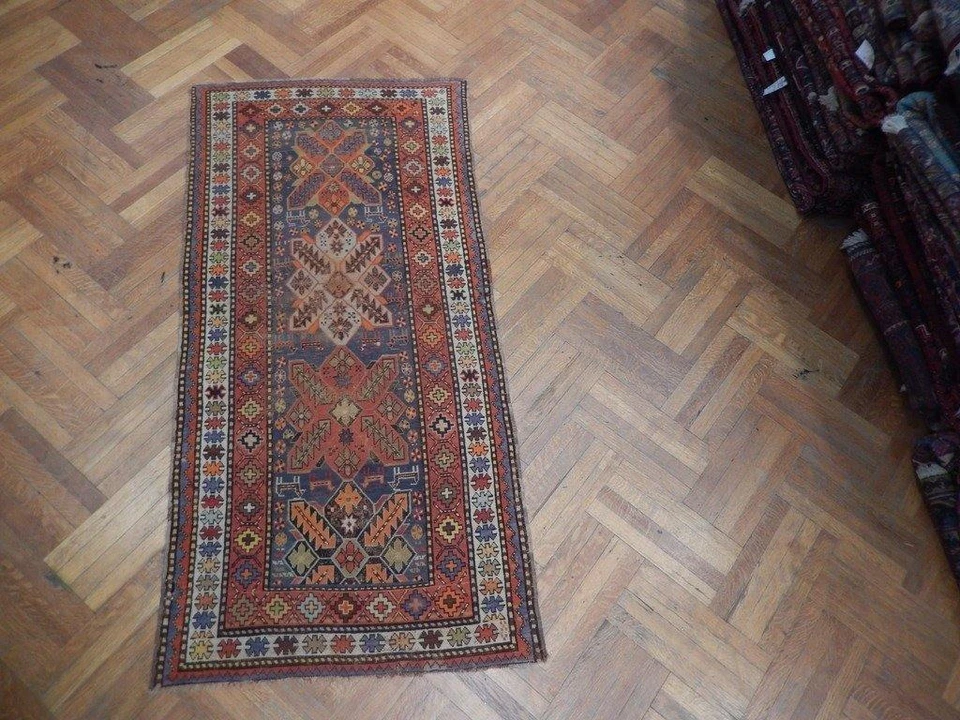 4x8' Rust Antique Russian Kazak Runner Light Blue 23365 - Image 2 of 4