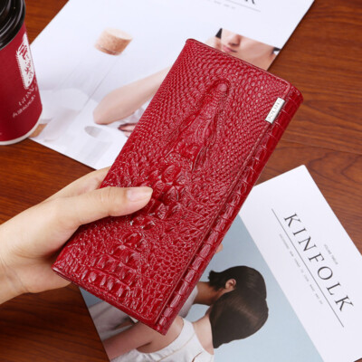 Women Long Crocodile Genuine Leather Clutch Wallet Card Holder Purse Handbag Red