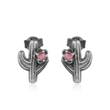 Pink Tourmaline Gemstone Oxidized 925 Silver Cactus Design Stud Earrings