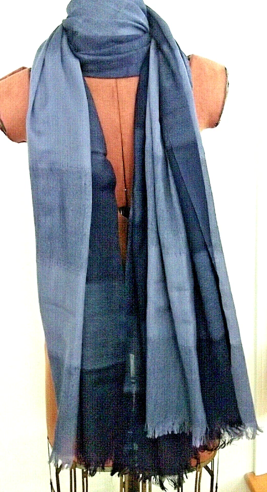 44" x 88" PINK DOT COLLECTION Blue Shades 100% Wool INDIA MADE Wrap Fringe SCARF - Image 3 of 4