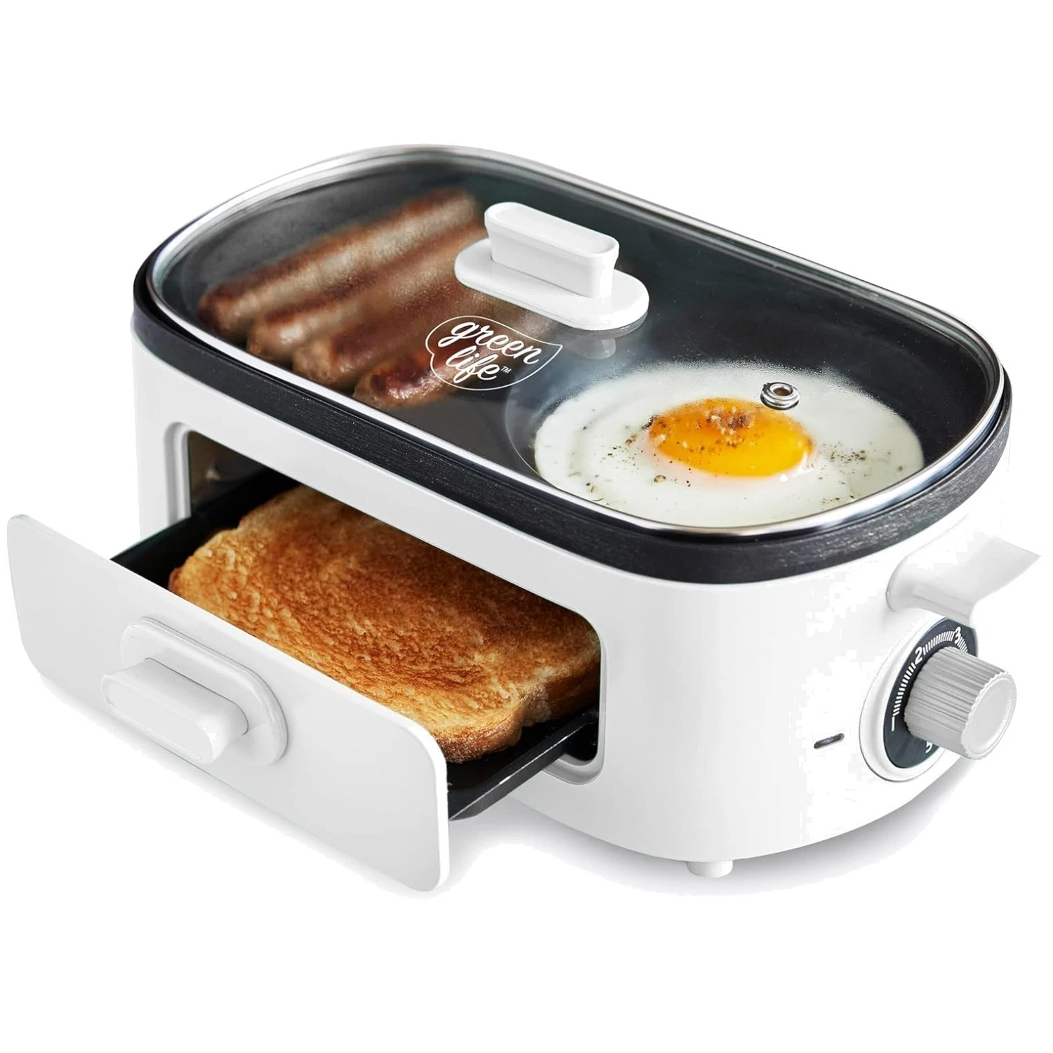 3-in-1 Ceramic Breakfast Maker, Dual Griddles, Toast Drawer