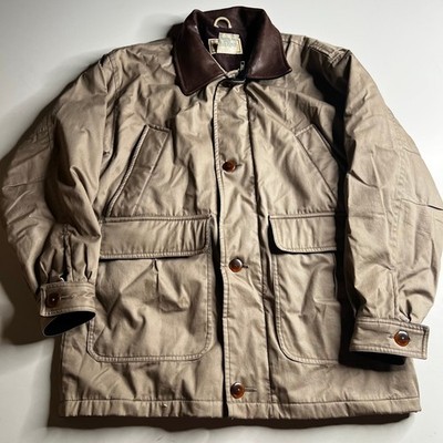LL Bean Mens Field Jacket Tan Cotton Canvas Leather Collar Wool Lined K490 Med