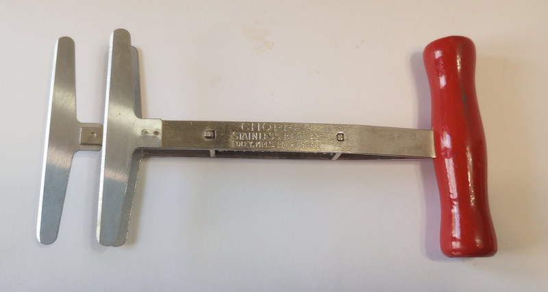 Vintage Foley Spring Loaded Food "Chopper"; Three Blades Wood Handle 