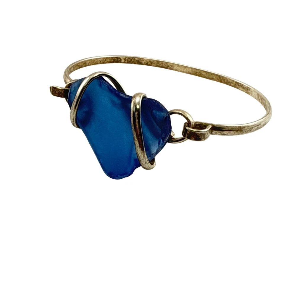 Brazalete Brazalete Hecho a Mano Azul Cobalto Vidrio Mar Plata Esterlina Foto 3 de 4