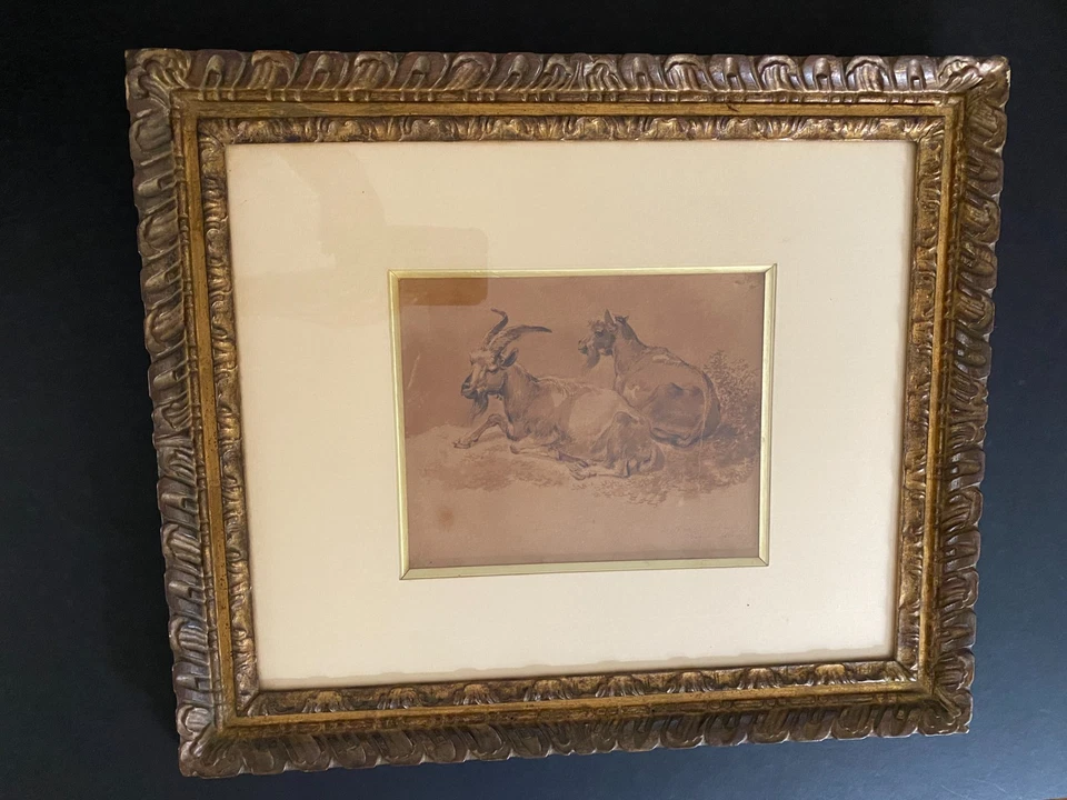 Lavis d'encre sépia sur papier / Bouc et Chèvre /Signé, daté XIXe / Bien encadré - Photo 3/4