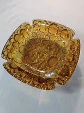 Vintage Libby Mid Century Modern Amber Glass Ashtray Pebble Bubble 6” Square