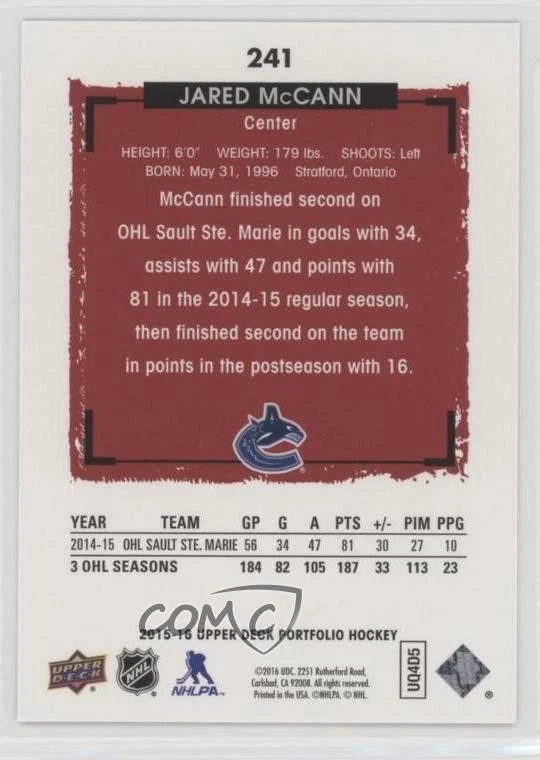 2015-16 Upper Deck Portfolio Rookie Color Photos Jared McCann #241 Rookie RC - Image 2 of 2