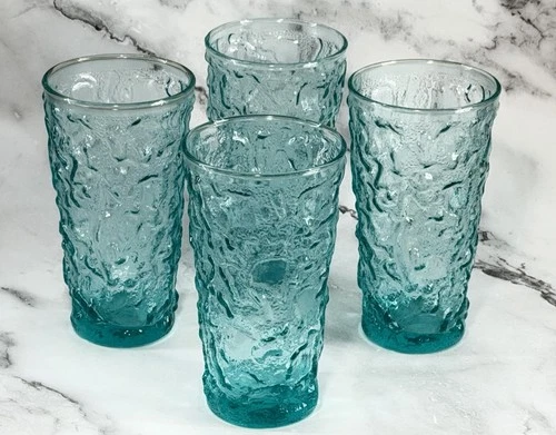 Set Of 4 1960's Vintage Anchor Hocking Lido Milano Aquamarine 12 oz Tumblers MCM