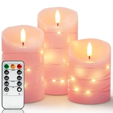 Flameless Candles with String Lights, 3 Pack Embedded Fairy String Lights LED...