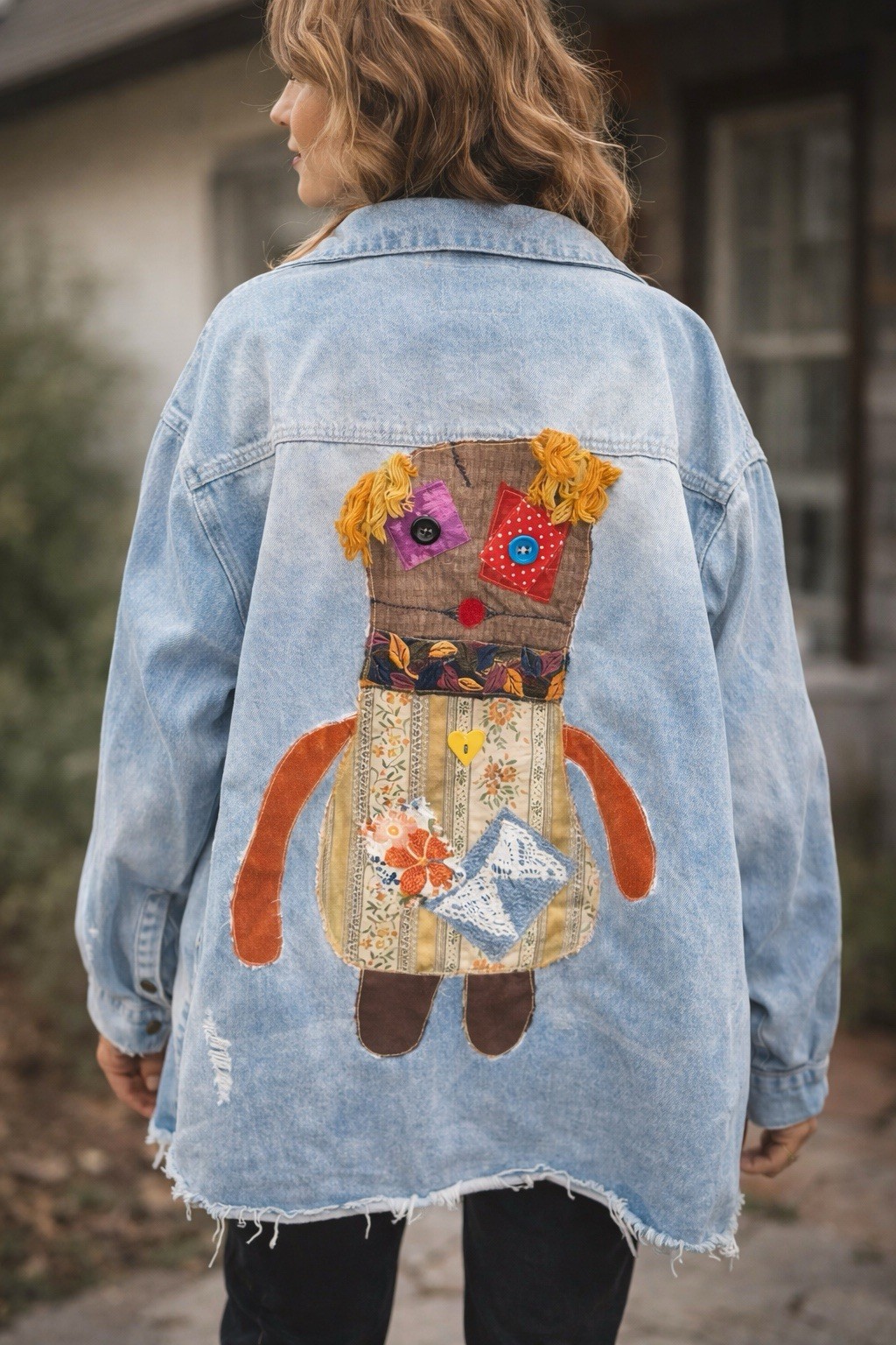 Upcycled Patchwork Appliqué Distressed Denim Jack… - image 2