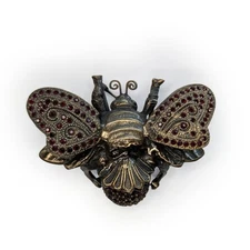 Vintage D. Pollak Large Brushed metal Bug Brooch with Red Stones