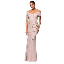 XSCAPE "Raveena" Long Foil Knit Off Shoulder Floor Length Ruffle Dress 12 NWT