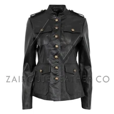 Women's Black Leather Military Jacket - Real Lambskin, Button-Up, Stylish Fit