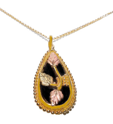 Black Hills Gold 10k 12k Large Onyx Teardrop Leaves Pendant Necklace