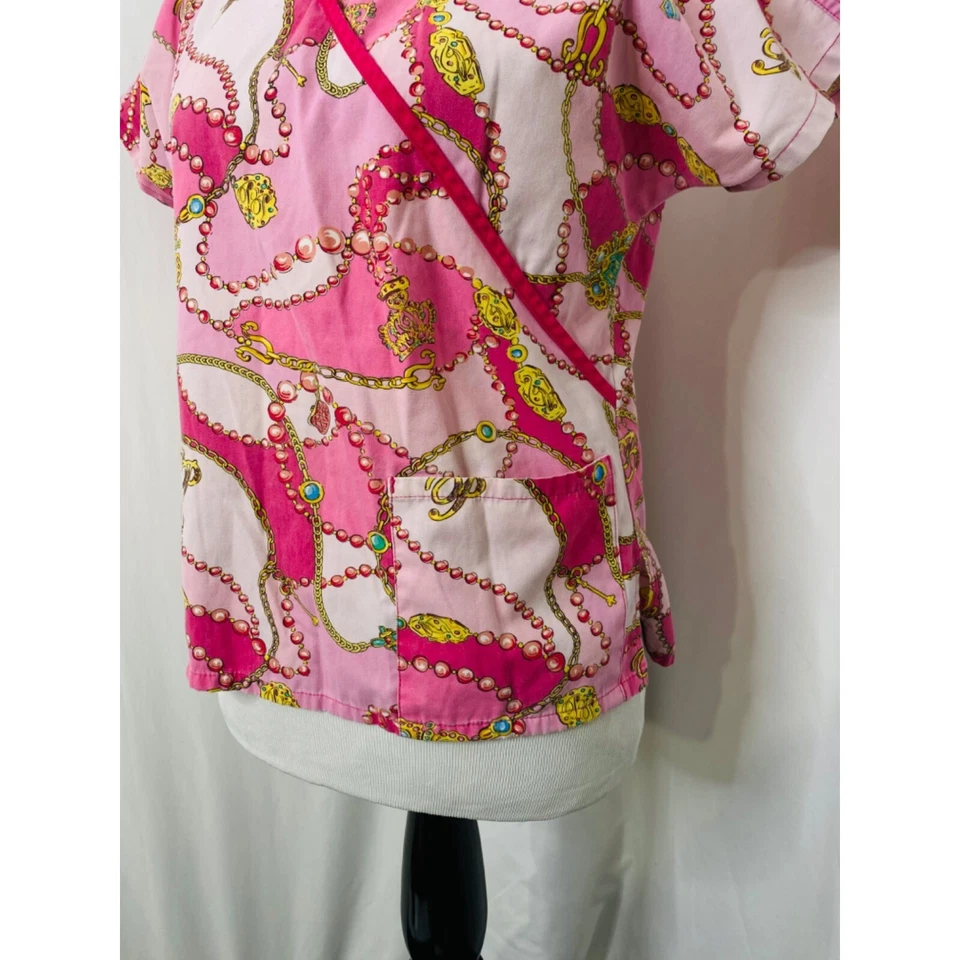 Women’s Small Scrubs Top Baby Phat Multicolor Pink Short Sleeve V-Neck - Image 4 of 4