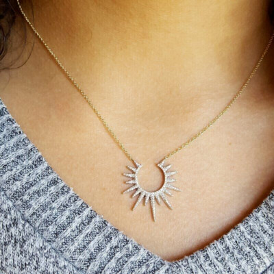 1.20 Ct Round Cut Real Moissanite Sunburst Pendant 14K Yellow Gold Plated