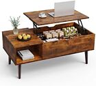 Wood Lift Top Dining Tabletop Home Office Coffee Tea Table with Adjustable Shelf