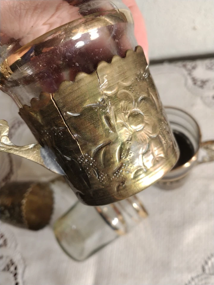 Lot of 5 Vintage Original Early Soda Fountain Glasses & Brass Ornate Cup Holders - Image 4 of 4