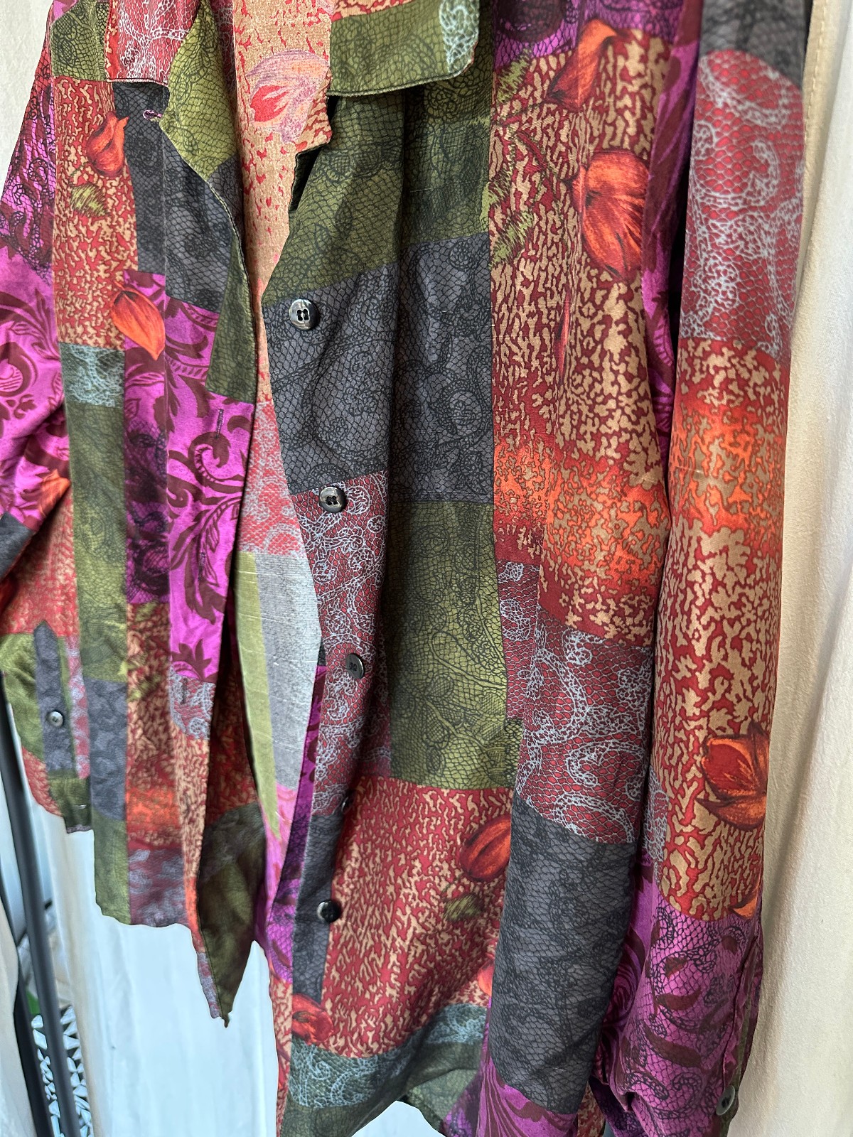 Medium 100% Silk Patchwork Multicolor Button up C… - image 5