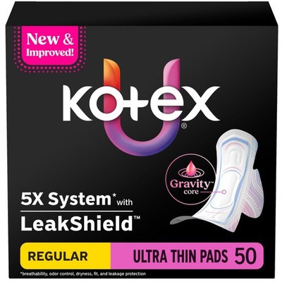 Kotex Ultra Thin Pads with Wings, Regular Absorbency, 50 Count (Packaging May...