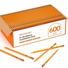 PENCILS Wood-Cased Pencil Pre-Sharpened with Erasers #2 600 Pack SHUTTLE ART