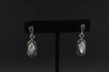 Vintage Art Deco 925 Silver Marcasite/Mother of Pearl Dangle Earrings
