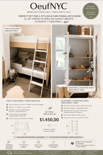 Oeuf NYC Perch Twin Bunk Bed Wood White/Brown Ladder Guardrails Mattresses