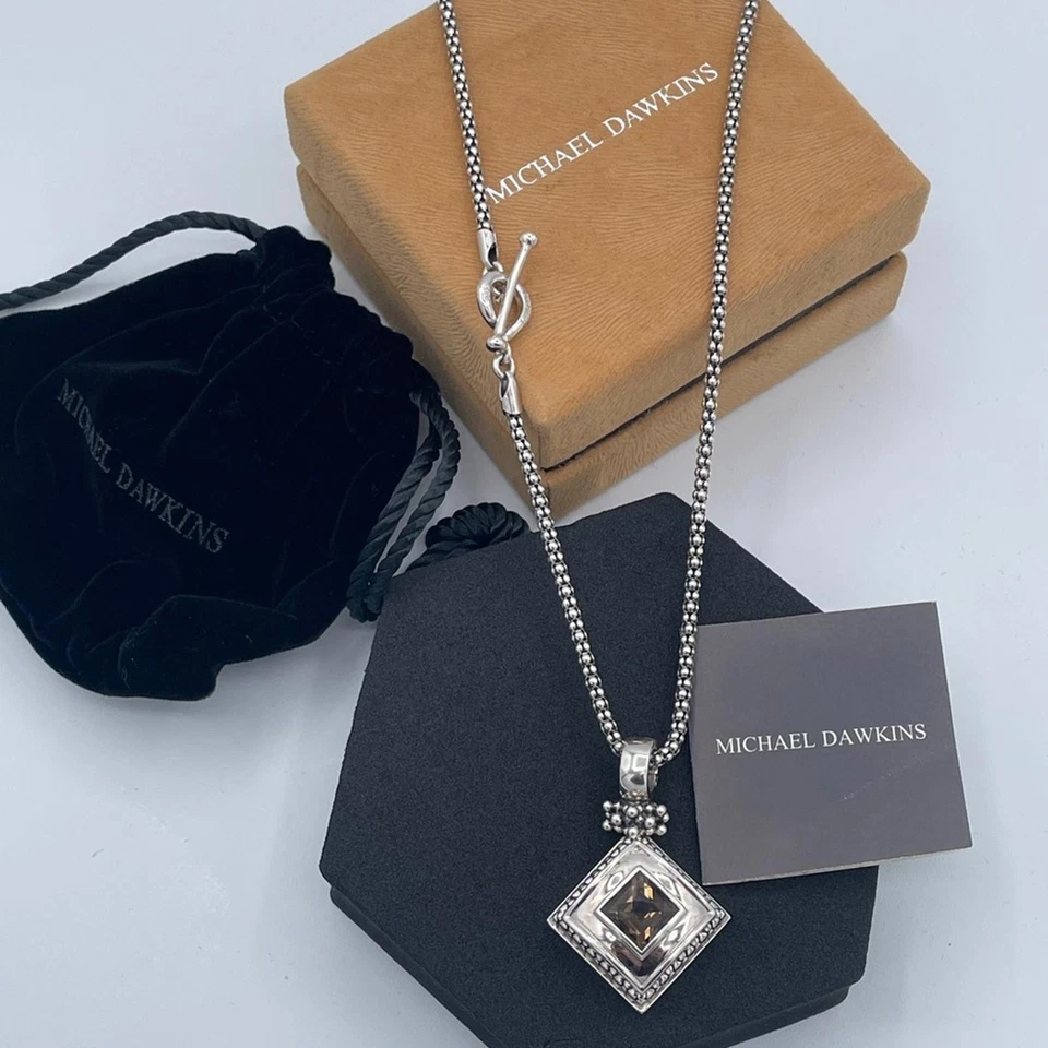 Michael Dawkins 纯银烟熏石英吊坠项链 18 英寸爆米花链 — 第 3/4 张图片