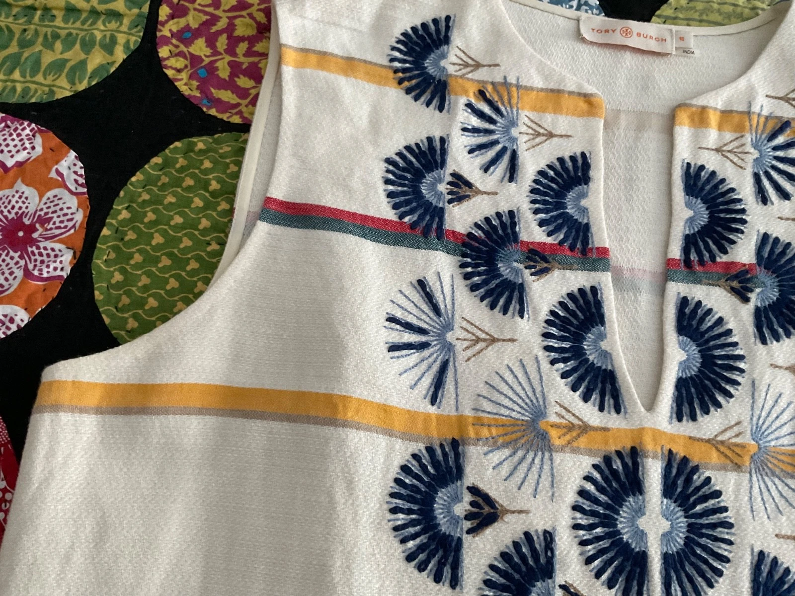 Tunica smanicata Tory Burch Avery misto lino ricamata avorio 10 nuova senza etichette