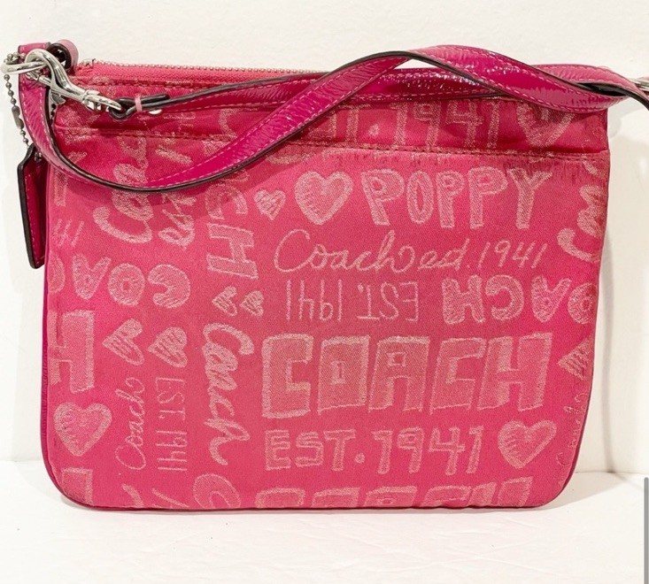COACH Pink Poppy Story patch Multi Zipper Crossbody Shoulder Bag