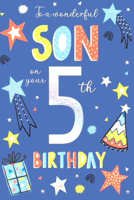 Birthday Card SON 5th 5. *Nine inch Card, Silver foiling, Paper pages inside*
