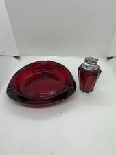 Vintage Ruby Red Glass Table Top Lighter And Ash Tray Set