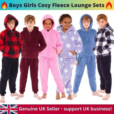 Kinder Jungen Mädchen Fleece 2-teiliges Set Zweier Loungewear Kapuze Spielanzug kuschelig warm