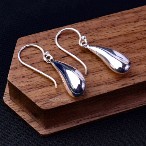 Real 925 Sterling Silver Women's Small Raindrop Drop Earrings Hook 1inchL - 第 1/5 張圖片