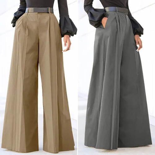UK Office Work Long Trousers Flare Pants Women High Waist Wide Leg Palazzo Pants - Picture 2 of 14