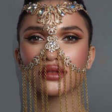Crystal Rhinestone Face Chain Mask Headpiece Halloween Costume Tassel Jewelry