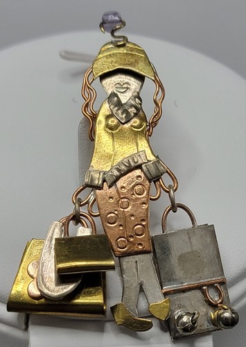 Adorable Copper Brass Silver Color Metal Brooch Figural Lady Shopping W/ Bags - Picture 3 of 18