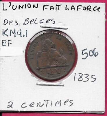 BELGIUM 2 CENTIMES 1835 AU LEOPOLD II,L'UNION FAIT LA FORCE,CROWNED MONO