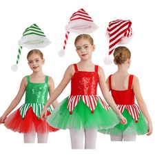 Kids Girls Santa Claus Leotard Sleeveless Costume Christmas Fancy Tutu Dress
