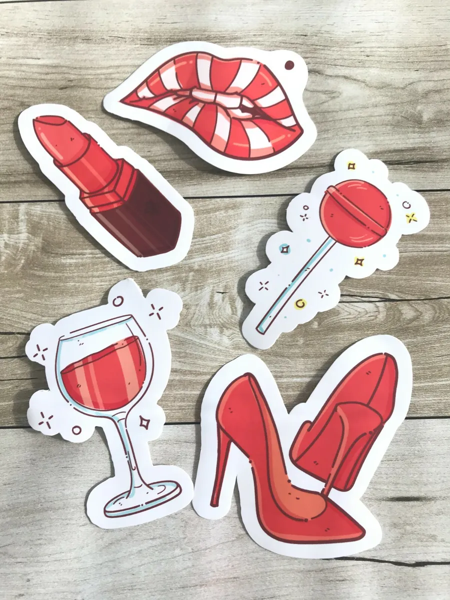 Lot Of 5 Red Girly Stickers Lips Shoe Laptop Decor Water Bottle Scrapbook  Diary