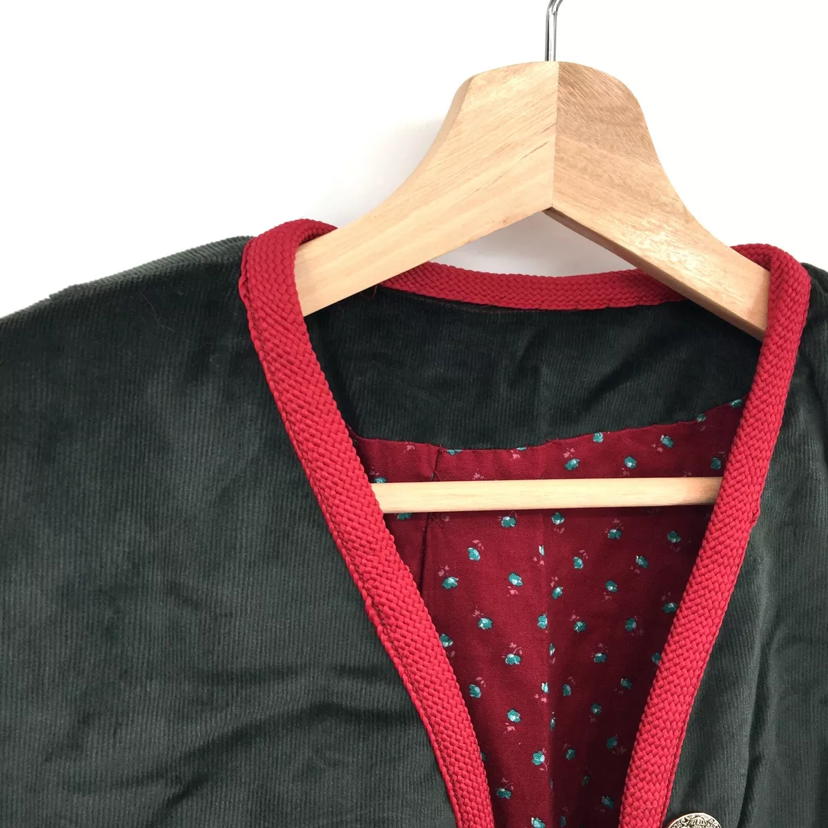 handmade Scandinavian style fine wale corduroy collarless jacket green S women's