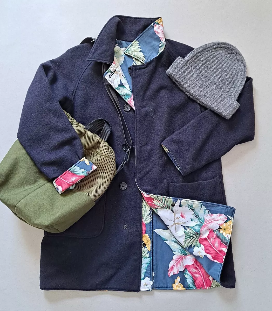 FWK Engineered Garments Hawaiian print Navy wool reversible Chesterfield Coat