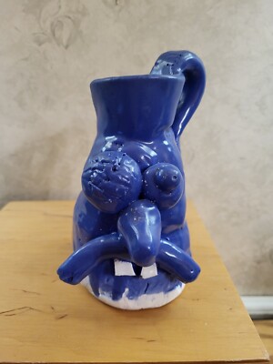 BLUE UGLY FACE FOLK COFFEE MUG POTTERY ART 3-D SIGNED VIRA
