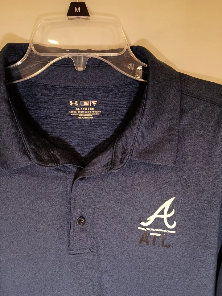 Atlanta Braves Navy Blue Under Armour HEATGEAR Polyester Blend Polo Size XL - Image 2 of 4