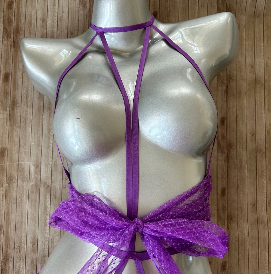 Victorias Secret Strappy Mesh Bow Open Cup Crotchless Teddy Playsuit XL Purple - Image 4 of 4