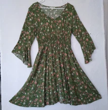 Indigo Rose Midi Dress PL Floral Green V-Neck 3/4 Sleeve Smocked Waist Women's..