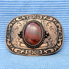 Western Scroll Belt Buckle Red Fire Agate Mount Cowboy Cowgirl Vtg 80s .TYC607