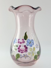 Vintage Fenton Amethyst Purple Glass Vase Hand Painted Flower Bouquet 8"