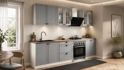 Küchenblock LINEA Küchenzeile 260 cm Küche 6 teiliges Set L - Küche Grau MDF