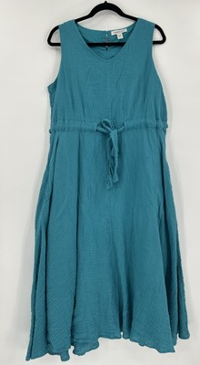 #ad Coldwater Creek Dress Size PL Tie Waist Coastal Seaside Sleeveless Turquoise $29.59